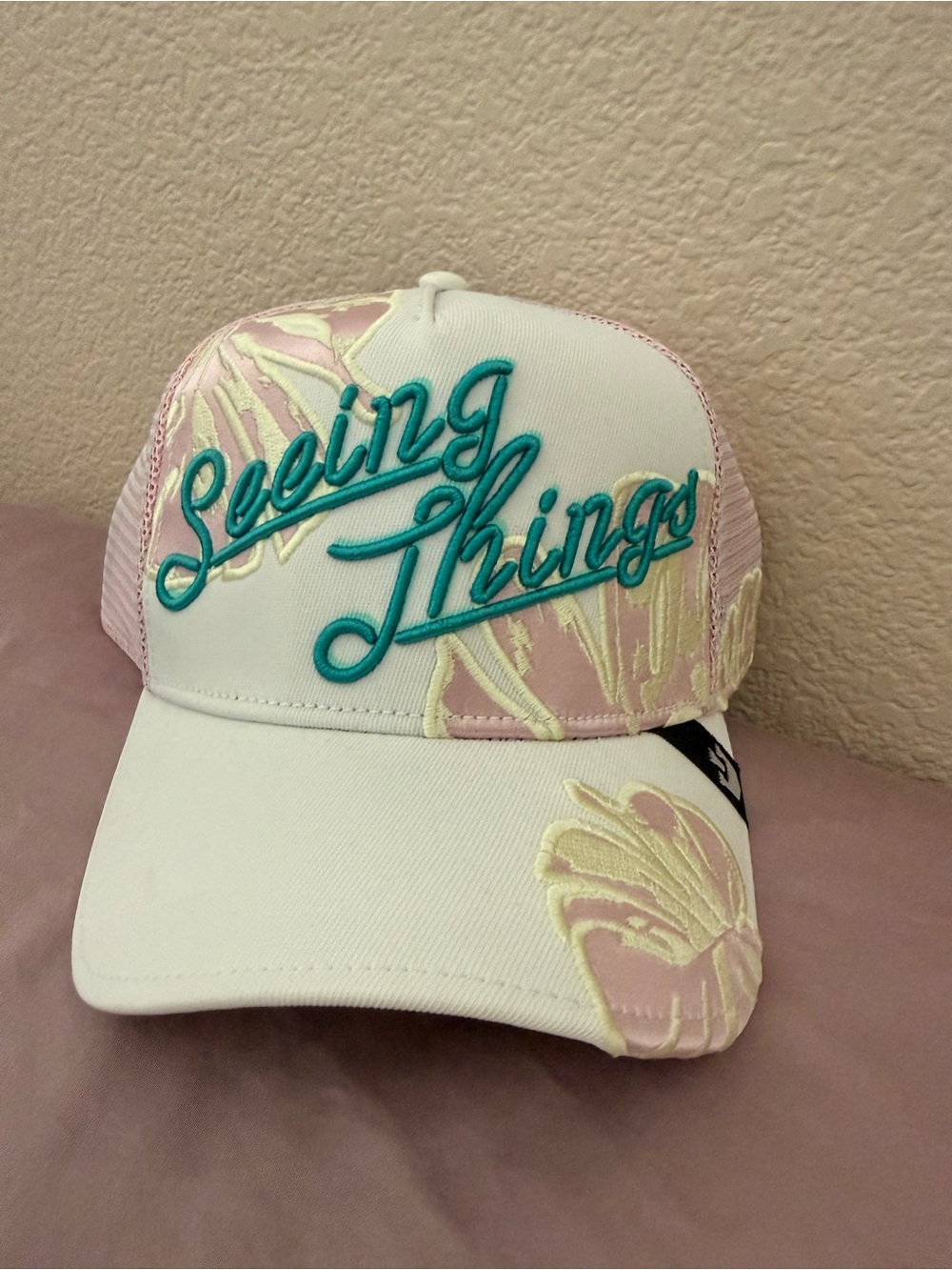 "Seeing Things" Embroidered Goorin Bros Trucker Hat - White with Pink & Teal